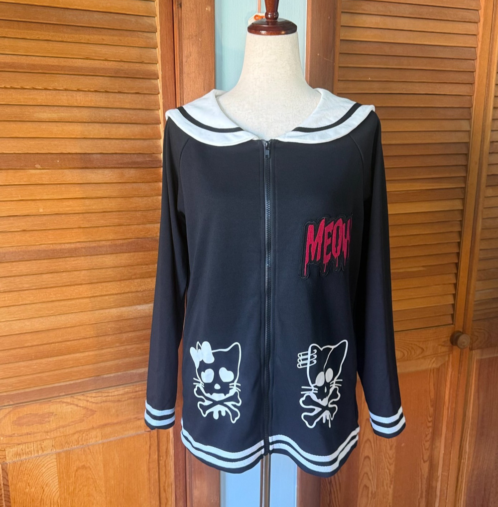 ACDC Rag Punk Goth Emo Black & White Kitty Cat Sailor Collar Jacket OS